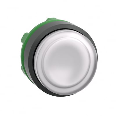Ophøjet hvidt lampetrykhoved fra Schneider Electric, set ovenfra med grøn og sort bagmontering.