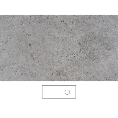 Grå Svedbergs kalkbordplade på 121 x 46 cm med udskæring H og uden armaturhul; nederst ses en enkel skitse af pladen.