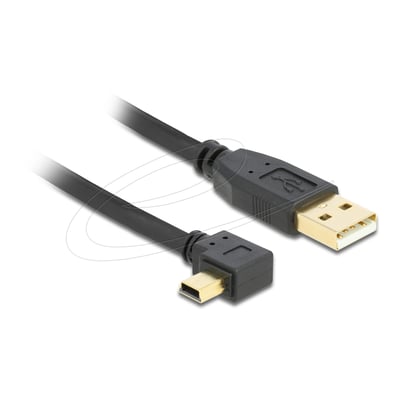DeLock USB 2.0-kabel på 3 meter med USB-A-stik og venstrevinklet Mini-B-stik, vist tæt på.