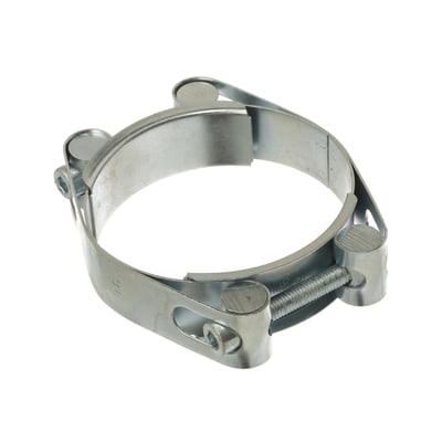 MichLar galvaniseret power clamp med 25mm bånd og dobbelt bolt, justerbar fra 200-215mm. Produktet er vist med isoleret hvid baggrund.