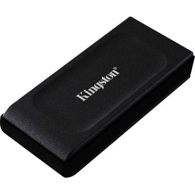 Kingston XS1000 ekstern SSD i sort med 1 TB lagerplads, vist på hvid baggrund med tydelig Kingston logo.
