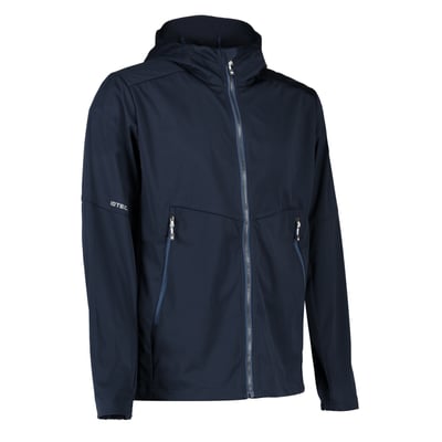 ID Identity letvægts softshelljakke i navy, str. M, set skråt forfra med hætte og to lynlåslommer.