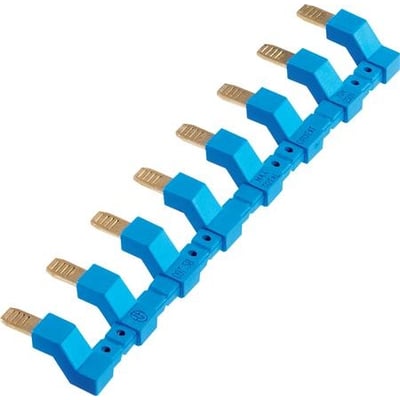 Finder jumper link til Push-In-sokkel med 8 pins, vist skråt med blå plastdel og synlige metalstifter.