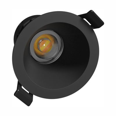 Sort SpectrumLED 7W CCT-indbygningsspot med tre lyskulører, rund front og synlig LED-linse, set skråt forfra.
