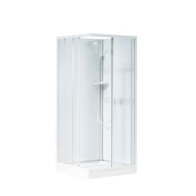 Contura Shower Next kabineoverdel NKH-L 88 VS med hvide bagstykker og styrenglas, set forfra på hvid baggrund.