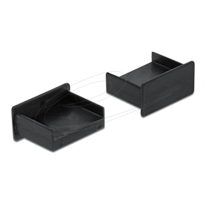 DeLock sorte støvbeskyttere til USB-A uden greb, vist fra to vinkler med den åbne ende synlig.