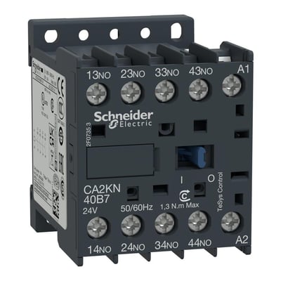 Schneider Electric TeSys K kontrolrelæ med 4 NO kontakter og 120V AC spole, vist på hvid baggrund med tydelige mærkater.