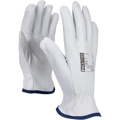 Detaljeret billede af hvide OX-ON Worker Comfort 2301 handsker i gedeskind, med synlig logo og størrelsesetiket på den ene handske.