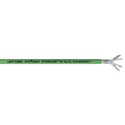 Lapp Etherline FD Cat.6A S/FTP industriel Ethernet kabel i grøn med afskærmning og afisoleret ende.