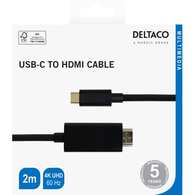Deltaco USB-C til HDMI-kabel i sort emballage med kabel, 2 meter og understøttelse af 4K UHD ved 60 Hz.