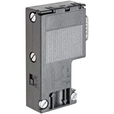 Siemens Profibus stik 6ES7972-0BA12-0XA0 med 90 graders kabeludgang og skrueterminaler, vist på hvid baggrund.