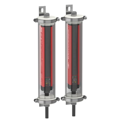 Schneider Electric lysgitter sæt med 30mm opløsning, 1060mm beskyttet højde og M12 stik, vist i plexirør med monteringsbeslag.