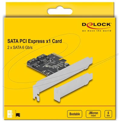 Emballagen viser DeLock SATA-kortet med to porte, PCI Express x1-tilslutning og beslag til lavprofilformat.