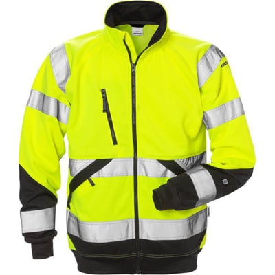 Kansas Fristads Hi-Vis sweat jakke i gul/sort med reflekterende detaljer og lynlåslommer, vist forfra med fuld lynlås.