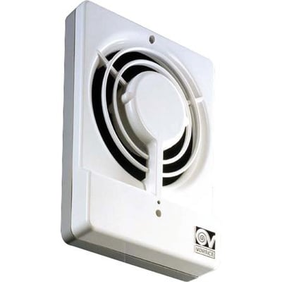 Hvid Vortice Record M10/4 vægventilator med rund front og synlig ventilatoråbning til mindre rum.
