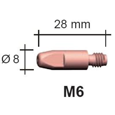 Abicor Binzel kontaktdyse M6x28 mm med dimensioner markeret: ø8 mm ydre diameter og 28 mm længde.