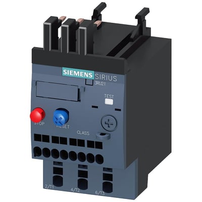Siemens 3RU21 overbelastningsrelæ i størrelse S00 med indstillingsområde 3,5-5,0A og fjederterminaler for motorbeskyttelse.