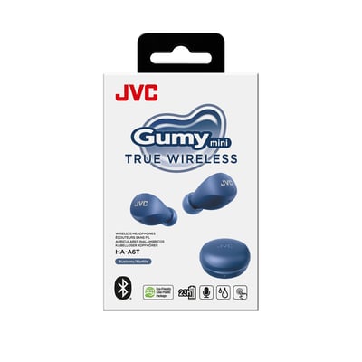 JVC Gumy Mini True Wireless earbuds i blå farve, vist på produktpakken med Bluetooth logo og 23 timers batteritid.