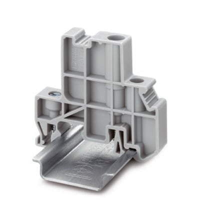 Phoenix Contact endeholder E/UK 1 i grå plast med en bredde på 10 mm, fastgjort til en metal skinne.