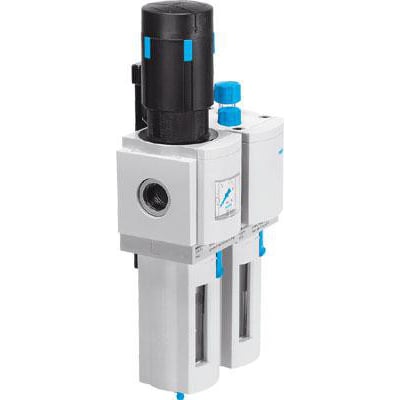 Festo luftbehandlingskombination MSB6-1/4-FRC5:J1M1, en grå og sort enhed med blå detaljer, der inkluderer filter, regulator og smøreenhed.