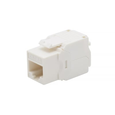 VAERK modulær jack CAT6A UTP RJ45 i hvid, op/ned version, toolless design til nem installation på hvid baggrund.