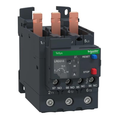 Detaljeret billede af Schneider Electric TeSys D termorelæ LRD318, 12-18A, klasse 10A, fra siden med synlige indstillingsmarkeringer.