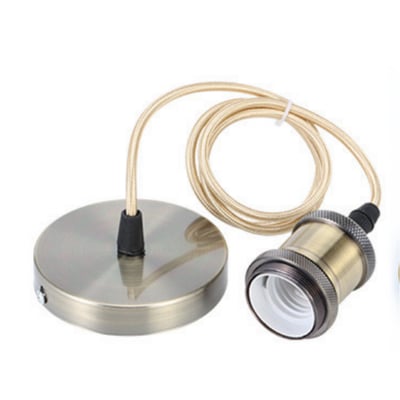 Grøn-bronze lampefatning med roset og 150 cm stofledning, E27 fatning, 60W maks. Klar til montering.