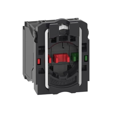 Schneider Electric Harmony XB5 kontaktkrop med 1 NO og 2 NC kontakter, viser fjederterminalerne og rød/grøn betjening.