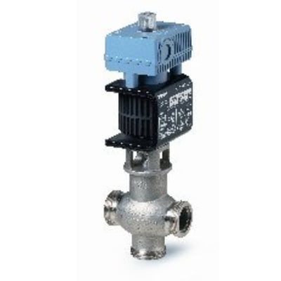 Siemens MXG461S32-12 rustfri stål reguleringsventil med blå top og udvendigt gevind på hvid baggrund.