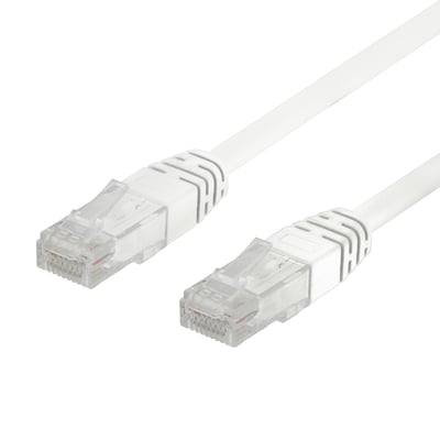 Deltaco 50-pak U/UTP Cat6 patch kabel på 0,3m, hvidt LSZH kabel med to RJ45 stik, set fra front.