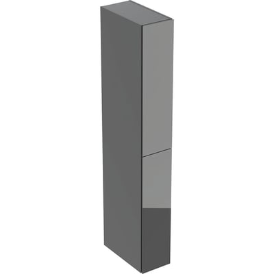 Geberit højskab i mat grå spånplade med to fronter af blankt, mørkegråt glas, der viser integrerede greb og soft close skuffer.