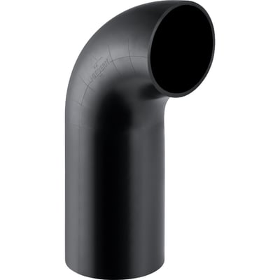 Geberit 90° afløbsbøjning i sort PE-HD materiale med 90 mm diameter og synligt mærke.
