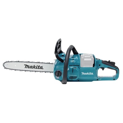 Makita UC022GZ kædesav i 40V serien, med 35 cm sværd og synlige batteripladser på den grønne krop.