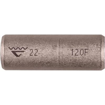 Elpress CU-pressemuffe KSF120M med skillevæg, 120mm², fortinnet kobber. Synlig mærkning '22 120F' på siden.