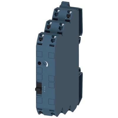 Siemens SIRIUS 3RS70 signalkonverter i mørkeblå plast med fjederklemmer og manuel/automatisk omskifter. Produktet er vist fra siden på en neutral baggrund.
