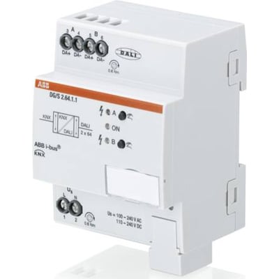 Nærbillede af ABB KNX DALI gateway, viser tilslutninger for DALI og KNX, samt produktets modelnummer og logo.