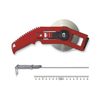 BMI Basic båndmål med rødt ergonomisk pistolgreb og stort håndsving, med 30 meter hvidt stålbånd og 13 mm bredde.