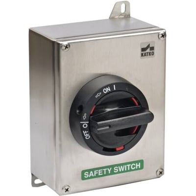 Katko 3-polet, 63A, IP69K rustfri EMC afbryder med sort drejehåndtag og grøn "SAFETY SWITCH" mærkat.