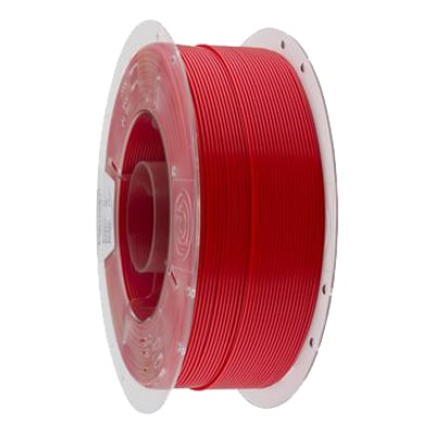 Rød PrimaCreator EasyPrint PLA-filament, 1,75 mm og 1 kg, oprullet på en spole set skråt forfra.