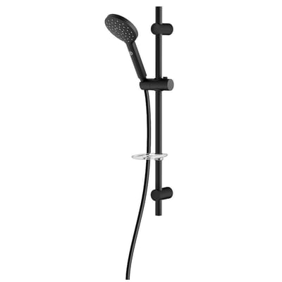 Gustavsberg Round håndbrusersæt i matsort med rund 120mm håndbruser, sæbeskål og 1,75m bruseslange på hvid baggrund.