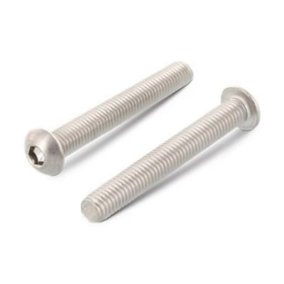 Button head skrue M6x16 i A2 rustfrit stål med fuldt gevind og indvendig 6-kant, set på hvid baggrund.