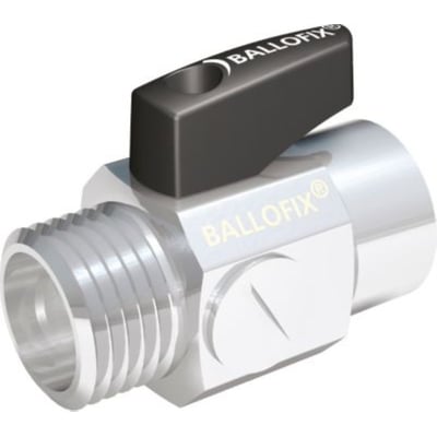 Detaljeret 3D-gengivelse af Broen 1/2" Filterfix muffe/nippel, der viser den kromede overflade og Ballofix logoet.