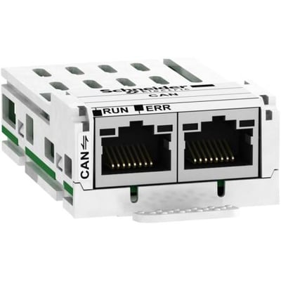 Schneider Electric Can Open kommunikationskort med 2 x NJ45 stik og RUN/ERR indikatorer, monteret på DIN-skinne.