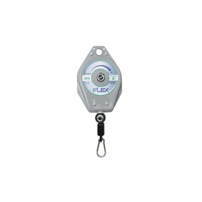 FLAIR fjederbalance type B i gråt metalhus med justerbar kapacitet på 0,5-1,0 kg og en karabinhage i bunden.