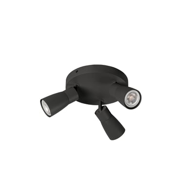 SLV PURI CW loftlampe i mat sort, set fra en vinkel der viser lampens tre spots og monteringsbase.