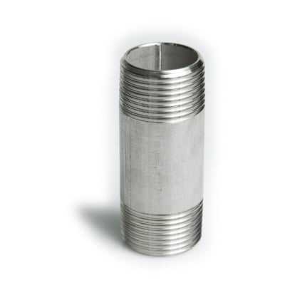 Nippelrør i rustfrit stål, 3/4" x 100mm, med udvendige gevind på begge ender og glat mellemstykke.