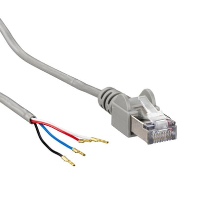 Schneider Electric kommunikationsledning på 3 meter med RJ45-stik og afisoleret ende med tre farvede ledninger.