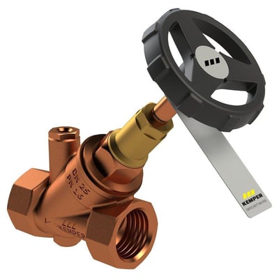 Kemper Weser fristrømsventil i rødgods med 3/4" muffegevind og sort drejehåndtag samt Kemper logo.