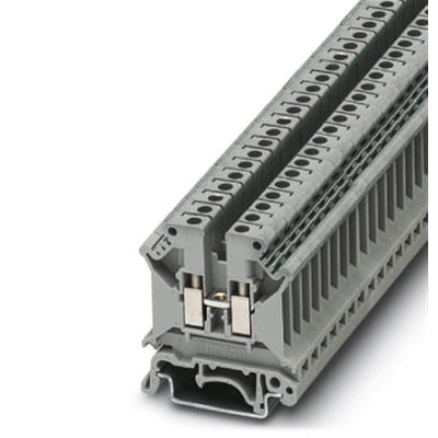 Detaljeret billede af Phoenix Contact UK 4 klemrække monteret på en DIN-skinne, viser skrueterminalerne og den modulære opbygning.