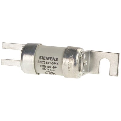 Siemens SITOR sikring med bolt-on links, 80A, 690V, 100kA, aR karakteristik, med metalender og monteringsbeslag.
